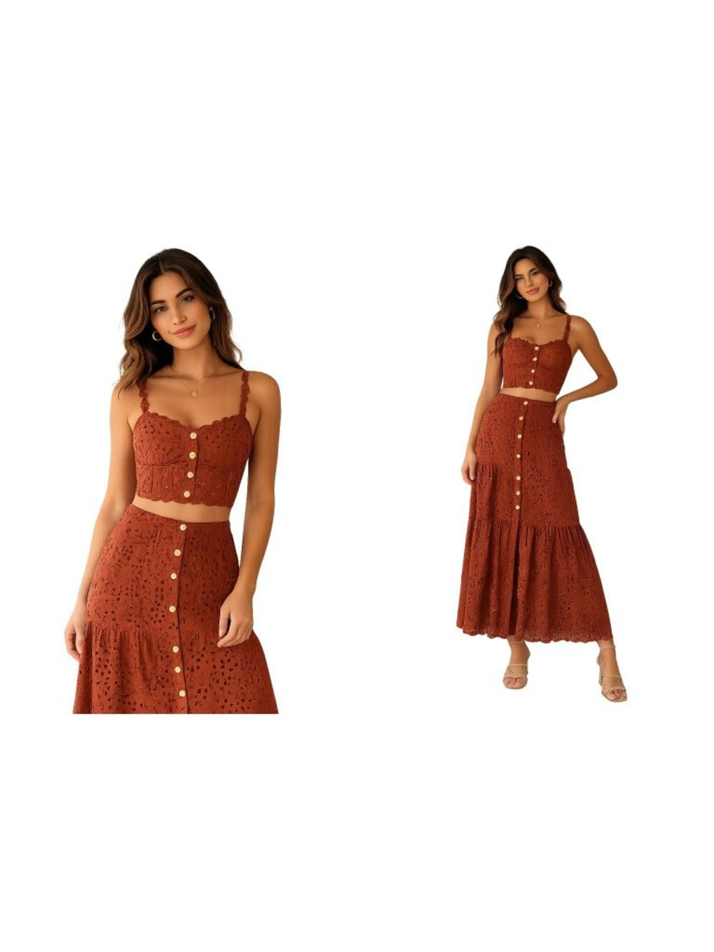Muy Muy Fancy Collection Brown Eyelet Crop Top & Matching Midi Skirt - 100% Cott